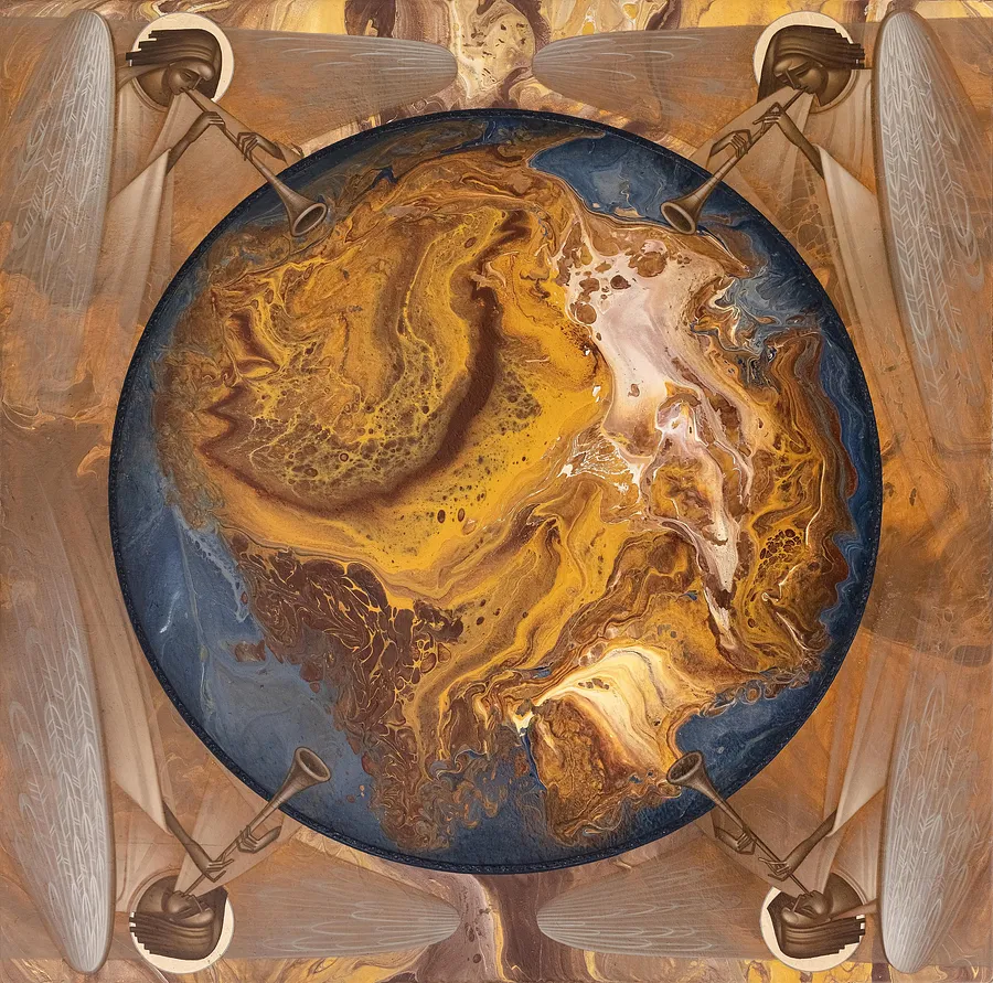 Зображення "Ангели трублять у сурми  " від ДЕНИС ТИМЧИШИН, розмір: 72х72 см, матеріали: липова дошка, левкас, акрил, золото, медіум: ІКОНОПИС, місто: Львів, ціна: $5000