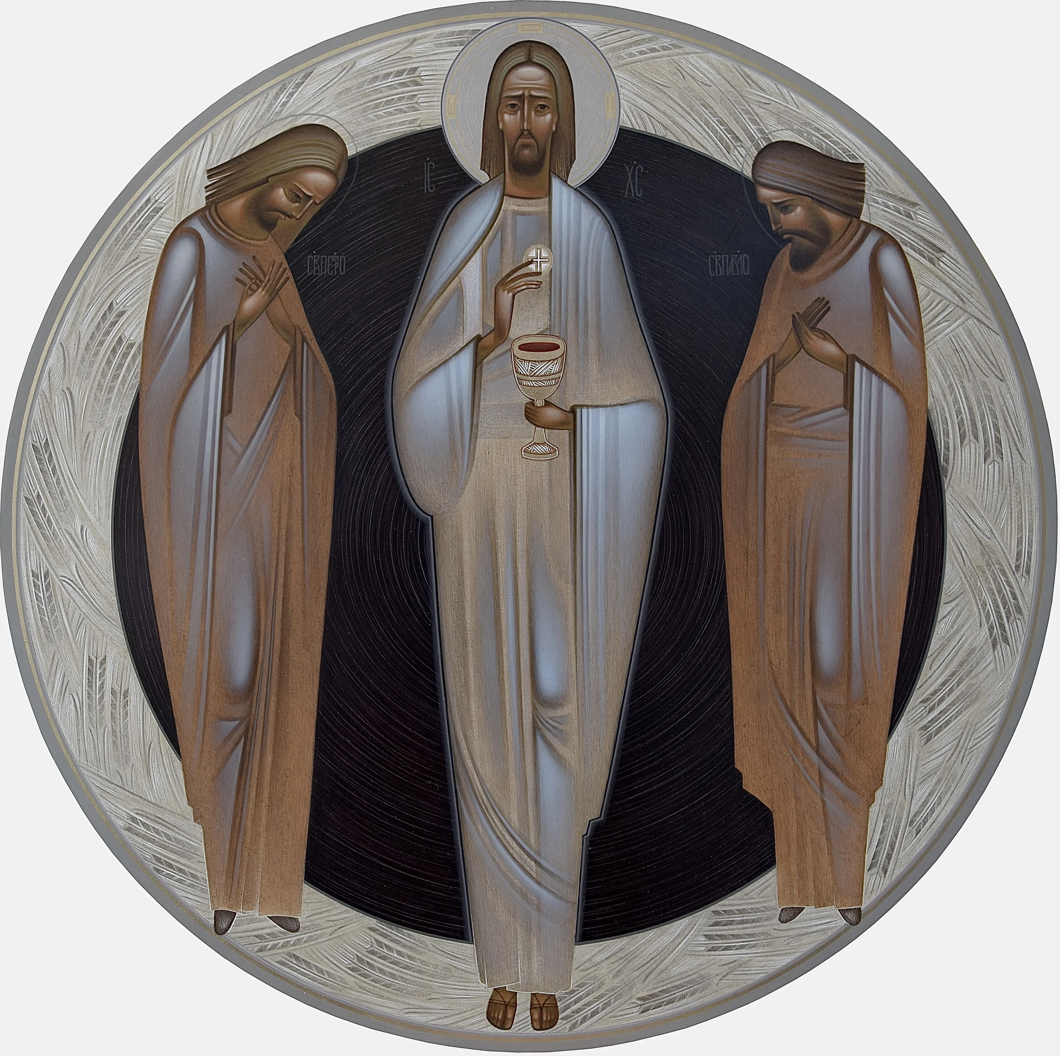 Зображення "Євхаристія" від ДЕНИС ТИМЧИШИН, розмір: ⌀ 45 см, матеріали: липова дошка, левкас, акрил, золото, медіум: ІКОНОПИС, місто: Львів, ціна: $1300