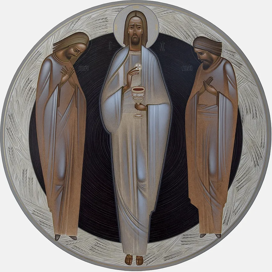 Зображення "Євхаристія" від ДЕНИС ТИМЧИШИН, розмір: ⌀ 45 см, матеріали: липова дошка, левкас, акрил, золото, медіум: ІКОНОПИС, місто: Львів, ціна: $1300