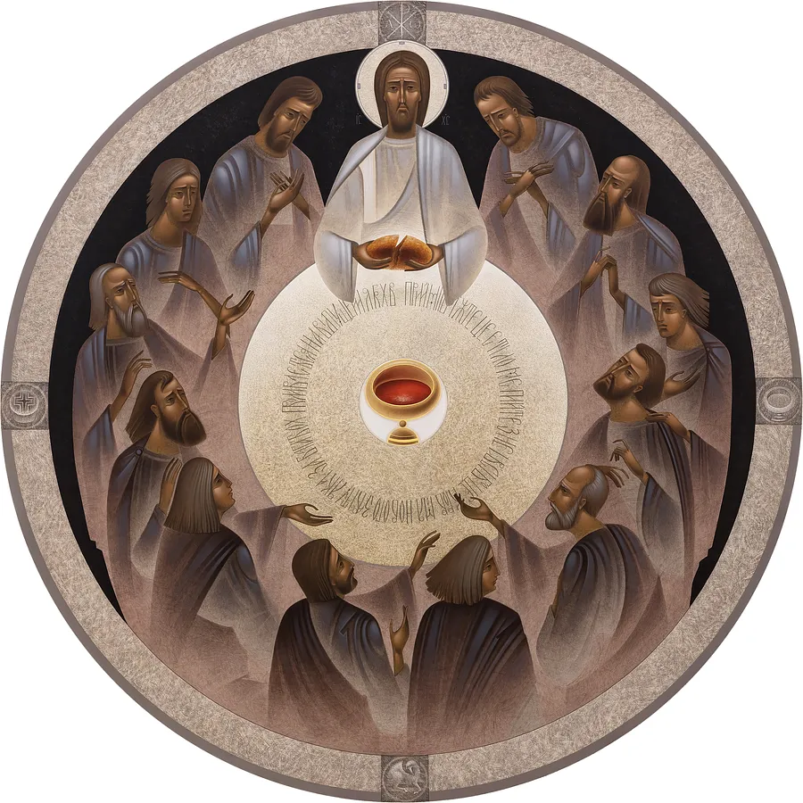 Зображення "Тайна вечеря " від ДЕНИС ТИМЧИШИН, розмір: ⌀ 120 см, матеріали: липова дошка, левкас, акрил, золото, медіум: ІКОНОПИС, місто: Львів, ціна: $7000