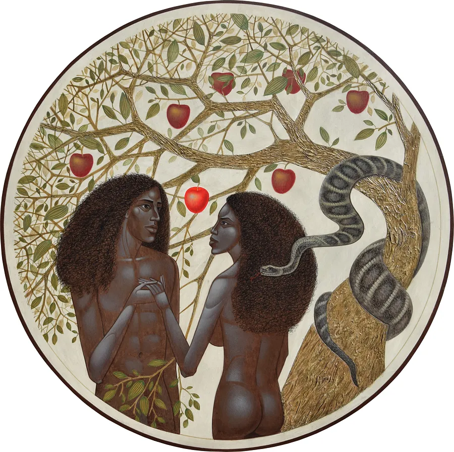 Зображення "Адам і Єва" від ДЕНИС ТИМЧИШИН, розмір: ⌀ 51 см, матеріали: липова дошка, левкас, акрил, медіум: ІКОНОПИС, місто: Львів, ціна: $3700