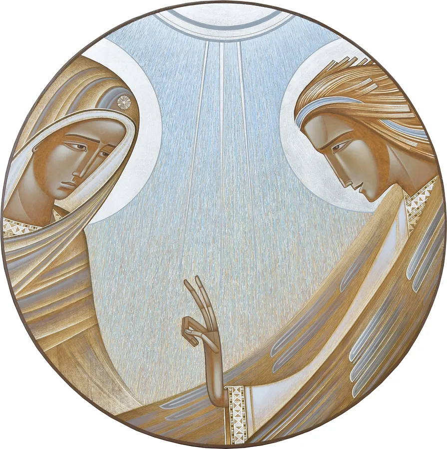 Зображення "Благовіщення" від ДЕНИС ТИМЧИШИН, розмір: ⌀ 45 см, матеріали: липова дошка, левкас, акрил, золото, медіум: ІКОНОПИС, місто: Львів, ціна: $1000
