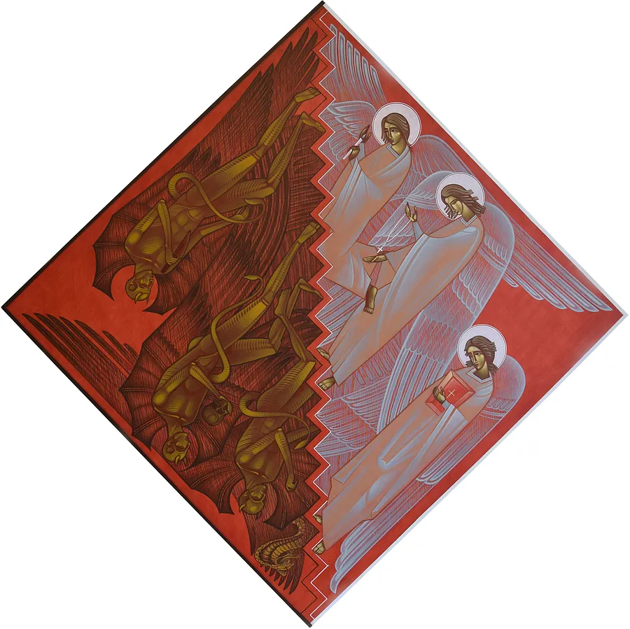 Зображення "Ангели та Демони" від ДЕНИС ТИМЧИШИН, розмір: 60x60 см, матеріали: липова дошка, левкас, акрил, медіум: ІКОНОПИС, місто: Львів, ціна: $800