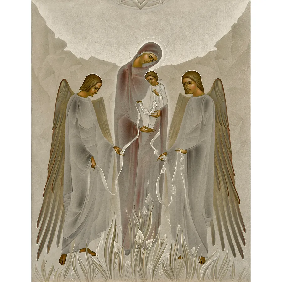 Зображення "Богородиця, яка розвязує вузли " від ДЕНИС ТИМЧИШИН, розмір: 70х55 см, матеріали: липова дошка, левкас, акрил, медіум: ІКОНОПИС, місто: Львів, ціна: $2000