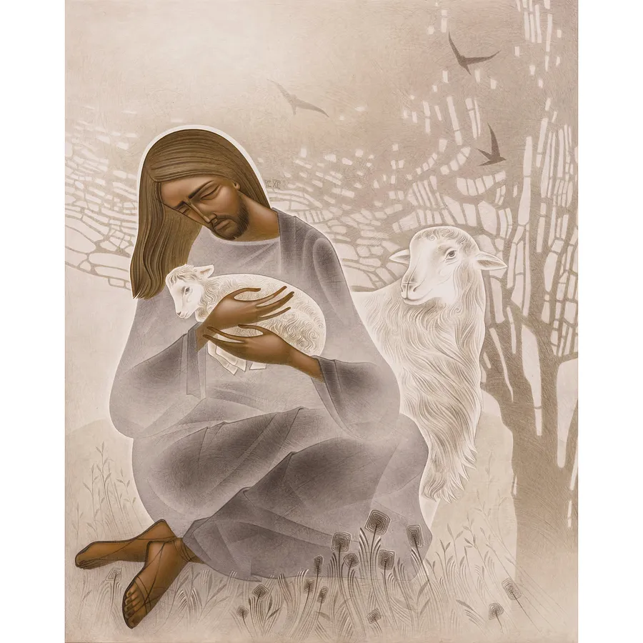 Зображення "Ісус добрий пастор " від ДЕНИС ТИМЧИШИН, розмір: 50х40 см, матеріали: липова дошка, левкас, акрил, медіум: ІКОНОПИС, місто: Львів, ціна: $3700