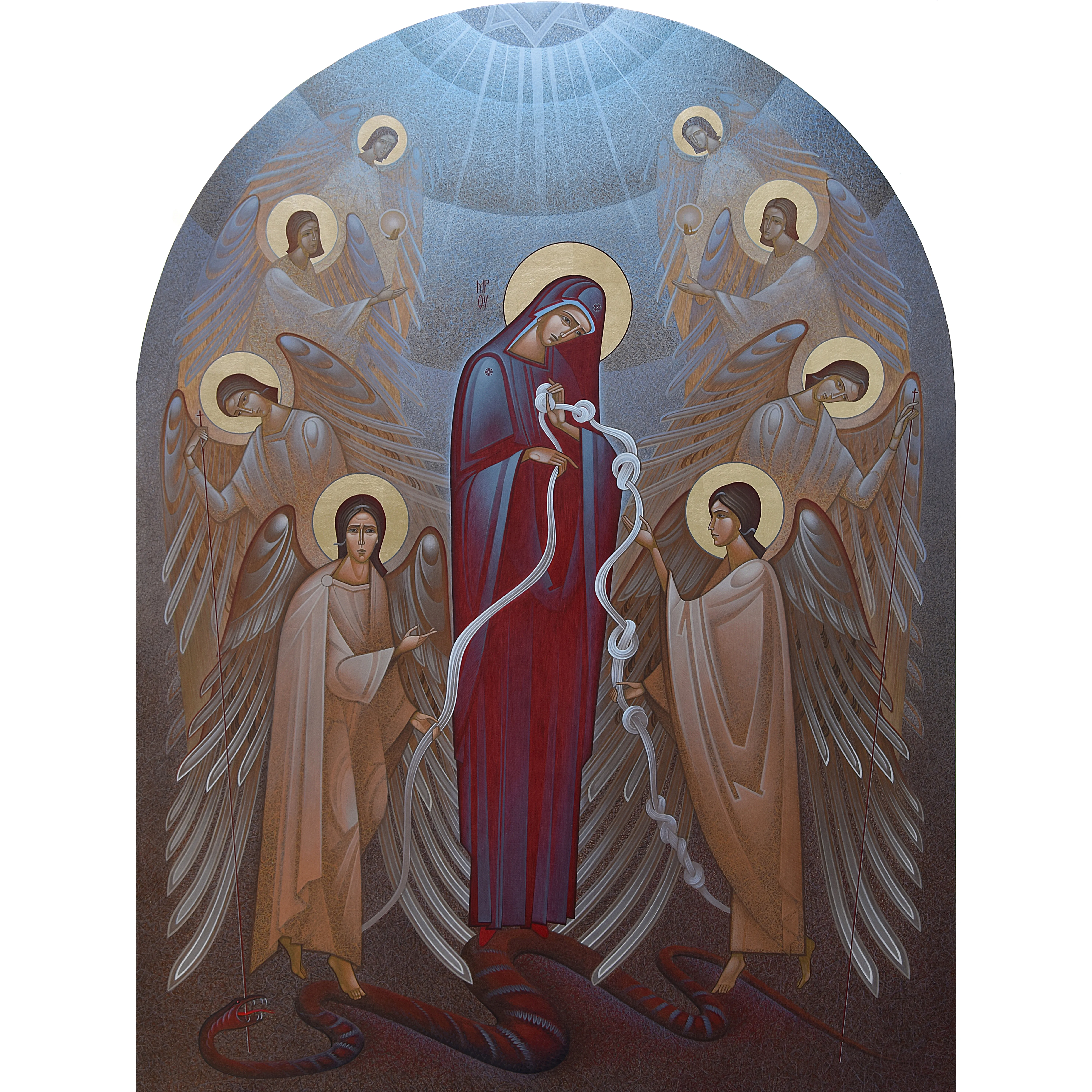 Зображення "Богородиця яка розв'язує вузли" від ДЕНИС ТИМЧИШИН, розмір: 120х90 см, матеріали: липова дошка, левкас, акрил, золото, медіум: ІКОНОПИС, місто: Львів, ціна: $5000