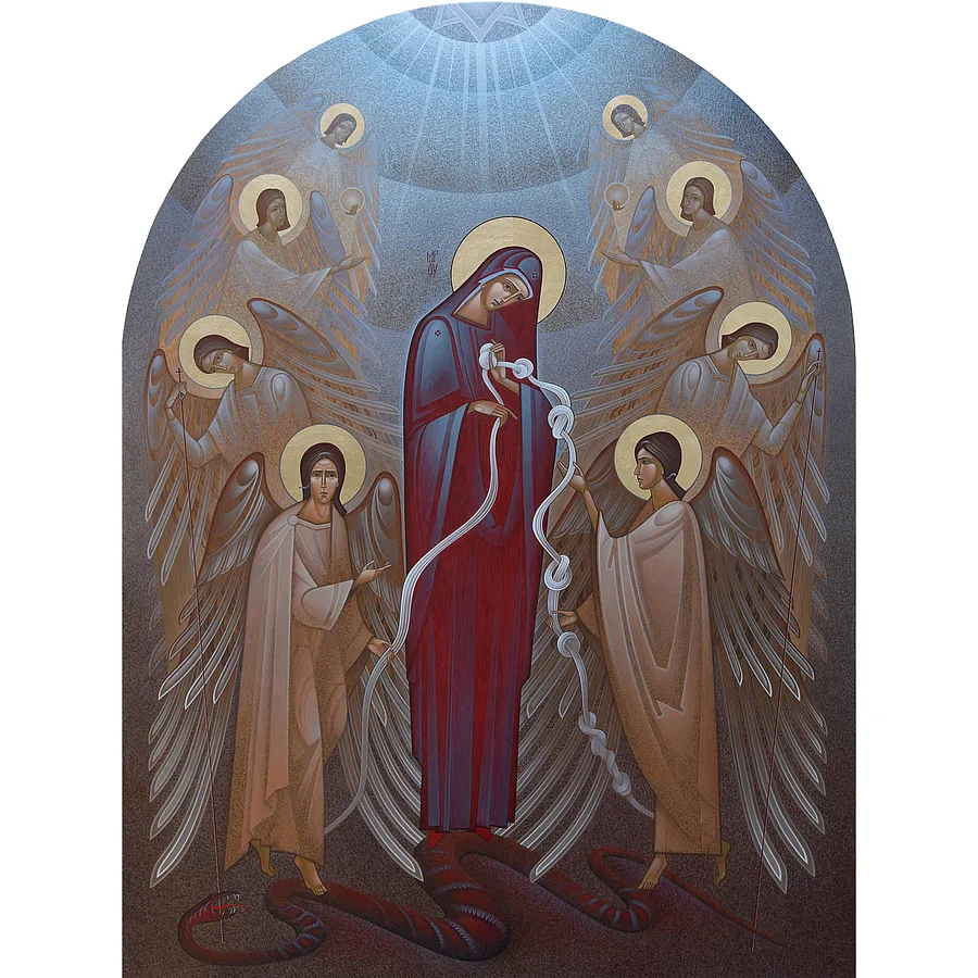 Зображення "Богородиця яка розв'язує вузли" від ДЕНИС ТИМЧИШИН, розмір: 120х90 см, матеріали: липова дошка, левкас, акрил, золото, медіум: ІКОНОПИС, місто: Львів, ціна: $5000