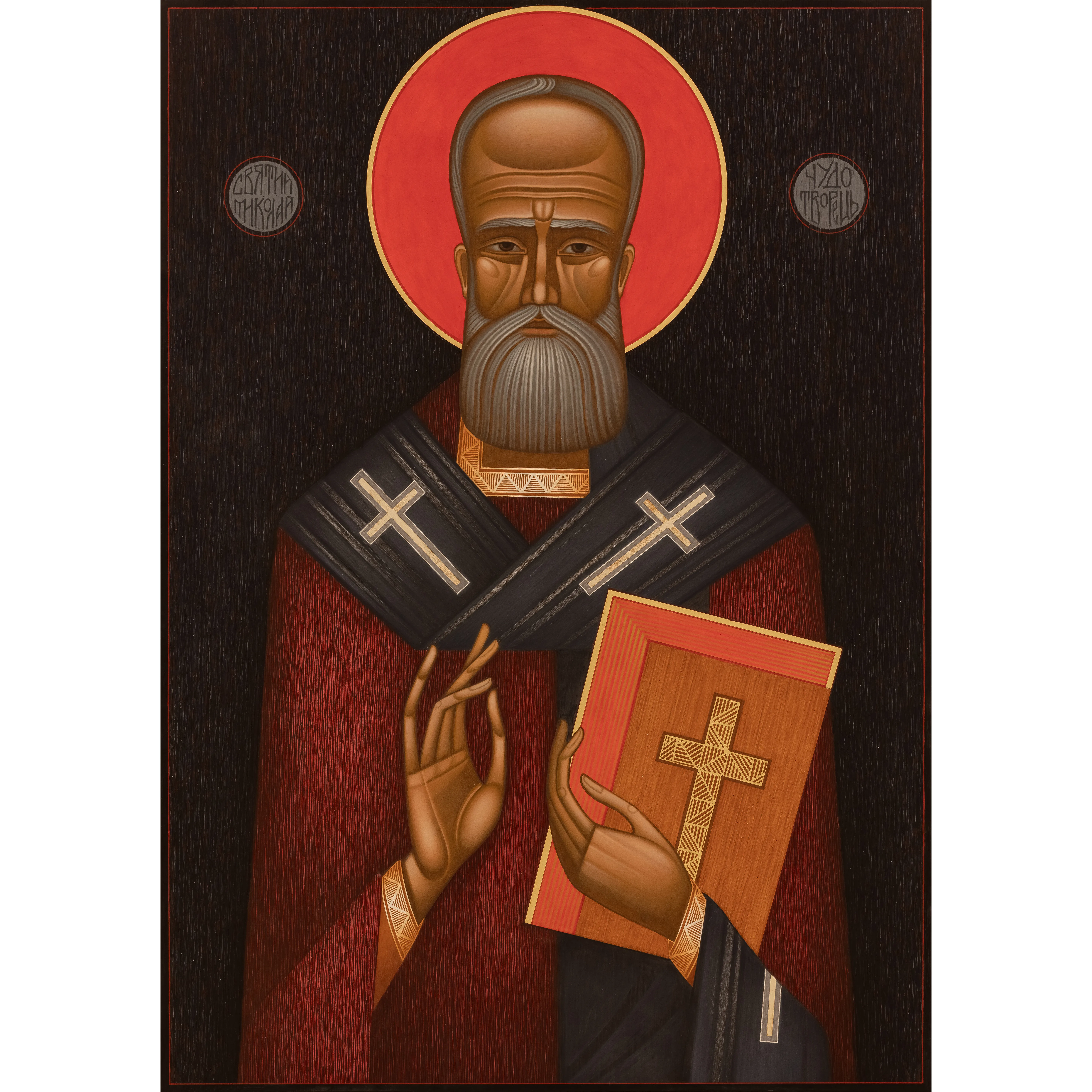 Зображення "Святий Миколай" від ДЕНИС ТИМЧИШИН, розмір: 50х70 см, матеріали: липова дошка, левкас, акрил, золото, медіум: ІКОНОПИС, місто: Львів, ціна: $1800