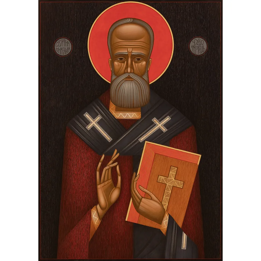 Зображення "Святий Миколай" від ДЕНИС ТИМЧИШИН, розмір: 50х70 см, матеріали: липова дошка, левкас, акрил, золото, медіум: ІКОНОПИС, місто: Львів, ціна: $1800