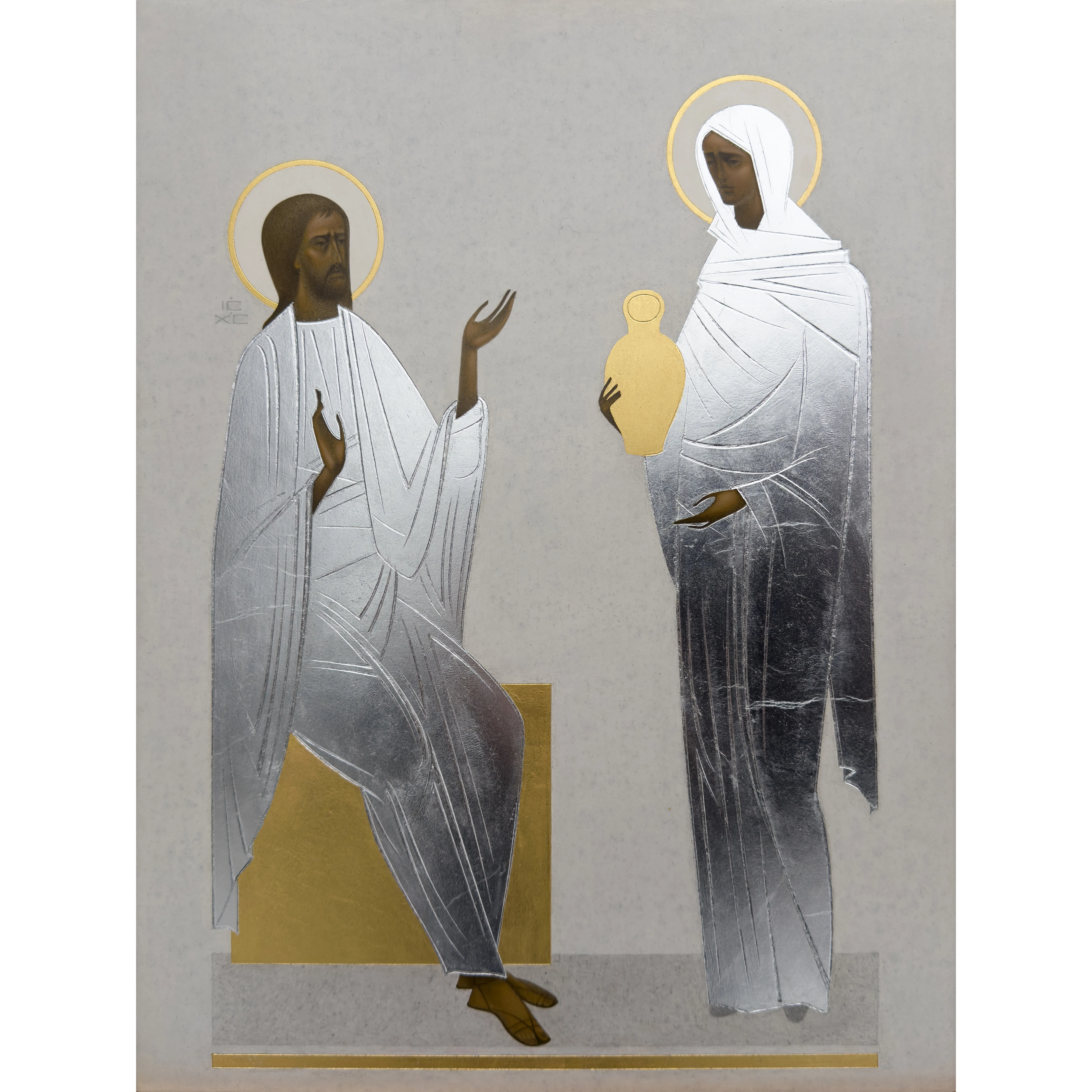 Зображення "Ісус та самарянка" від ДЕНИС ТИМЧИШИН, розмір: 40х30 см, матеріали: липова дошка, левкас, акрил, золото, медіум: ІКОНОПИС, місто: Львів, ціна: $1500