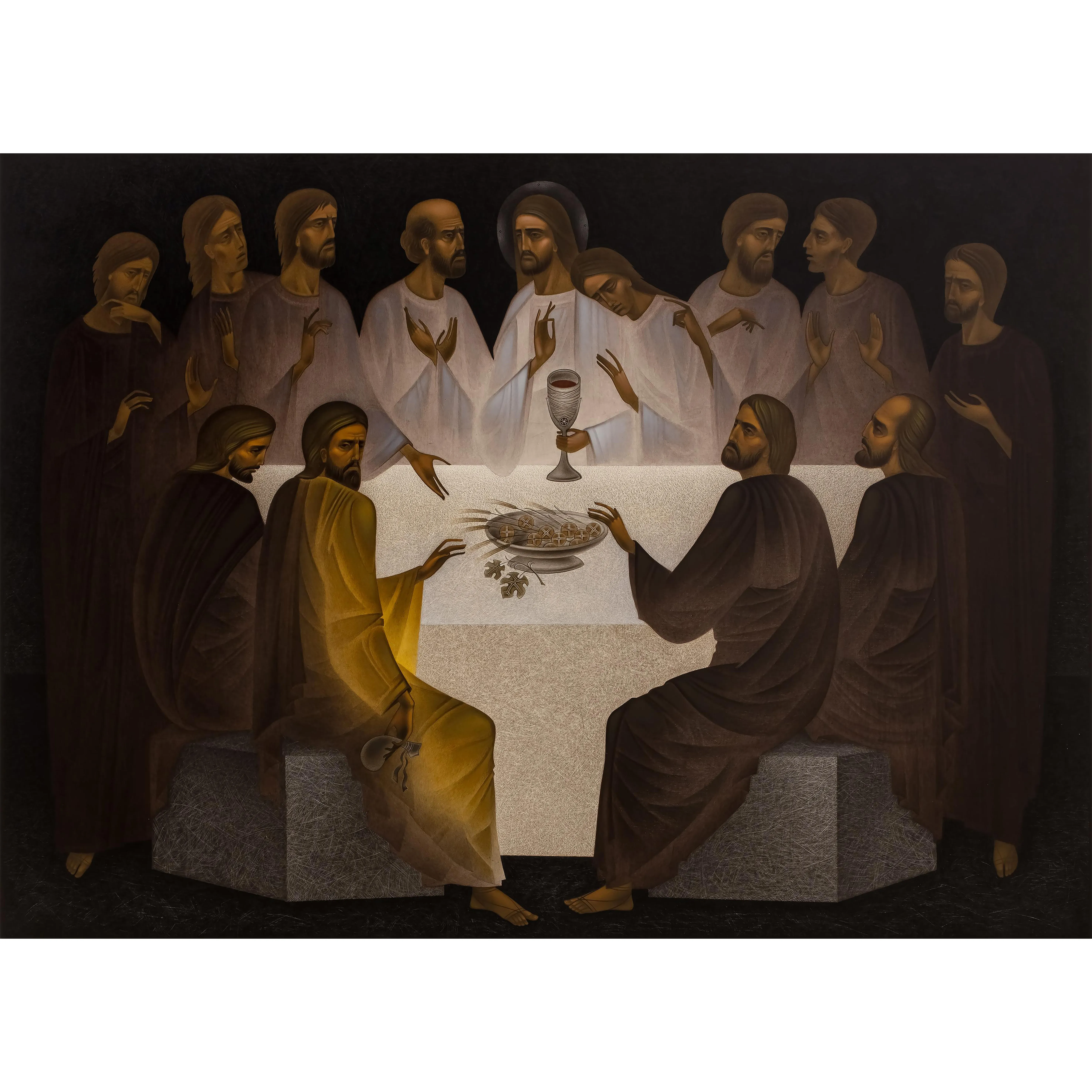 Зображення "Тайна вечеря" від ДЕНИС ТИМЧИШИН, розмір: 100х70 см, матеріали: липова дошка, левкас, акрил, медіум: ІКОНОПИС, місто: Львів, ціна: $4500
